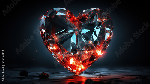 Broken glass glowing heart on dark background. Generative Ai