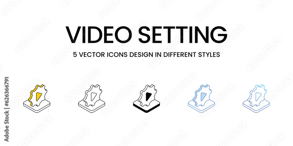 Video Setting Icon Design in Five style with Editable Stroke. Line, Solid, Flat Line, Duo Tone Color, and Color Gradient Line. Suitable for Web Page, Mobile App, UI, UX and GUI design.