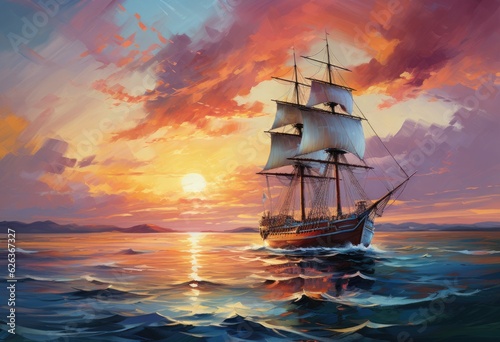A painting of a sailboat in the ocean in the style of a tropical dawn. The orange sun and red clouds silhouette a vessel, blending with the regatta, cruise, and fishing boats. A serene seascape. © Mahenz