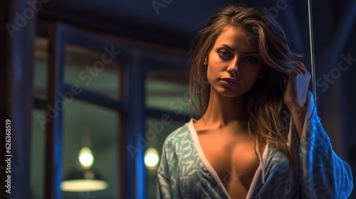 Hot European Blonde Girl in a Night Dress. Beautiful sexual young woman in luxury sleepwear in Modern interior. Copy space. Made With Generative AI. 