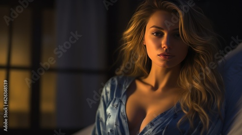 Hot European Blonde Girl in a Night Dress. Beautiful sexual young woman in luxury sleepwear in Modern interior. Made With Generative AI.