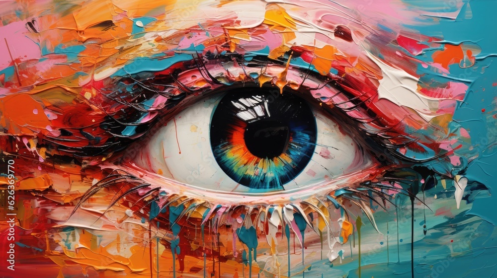 A colorful painting of an eye in vibrant neon colors, reflecting the style of modern art. The art print portrait captures the essence of creativity, radiating the eye's enigmatic beauty.