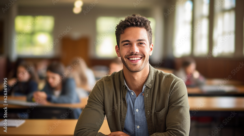 Portrait of a smiling young university male student in the classroom. Generative AI Portrait of a smiling young university male student in the classroom. Generative AI