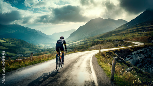 man riding a road bike on a mountain road on a cloudy day