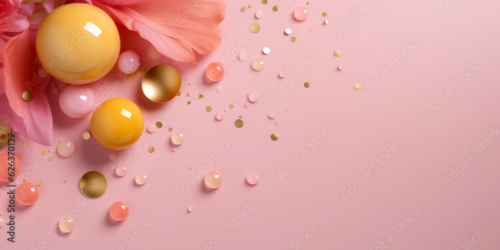 Colorful confetti background. Female ronantic banner with spheres, particles,flowers.petals.Confetti party.The eight of march.Top view. Flat lay.Place for text.Holidays celebration cover.Generative ai