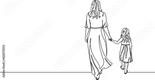 continuous single line drawing of mother and young daughter walking hand in hand, line art vector illustration