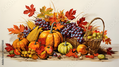 Assortment of veggies watercolor thanksgiving background. Generative Ai