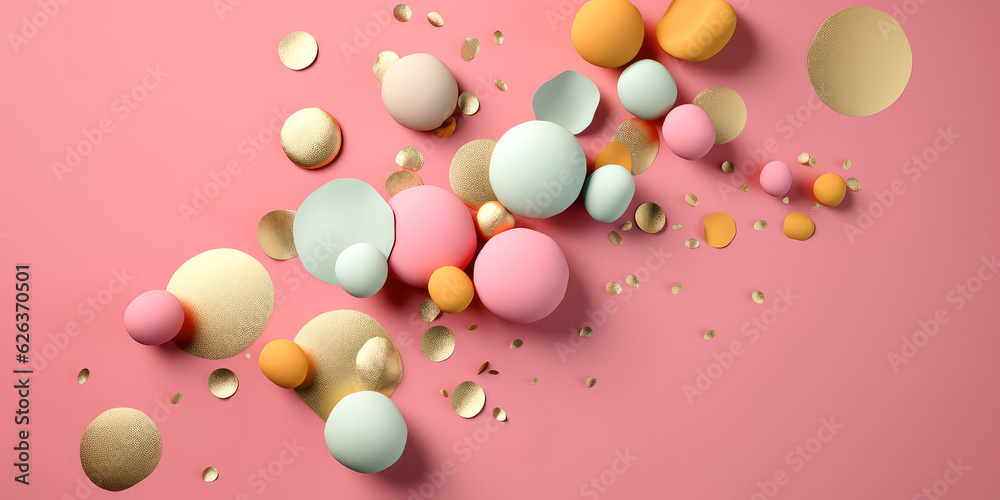 Colorful confetti background. Banner with spheres, particles, decorative element.Confetti party. Top view. Flat lay. Place for text. Holidays celebration cover. Generative ai