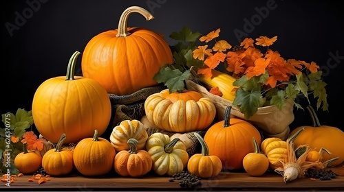 Composition of fresh orange pumpkin harvest for thanksgiving day. Generative Ai