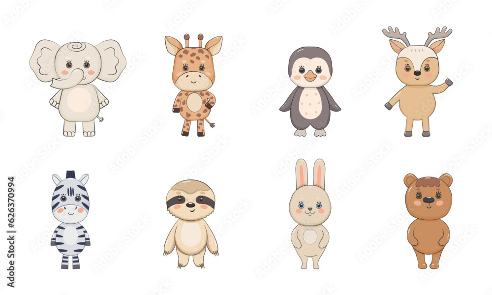 Fototapeta premium Set of cartoon cute animals with stroke. Zebra bear hare elephant giraffe deer penguin sloth standing. Vector illustration for kids designs.