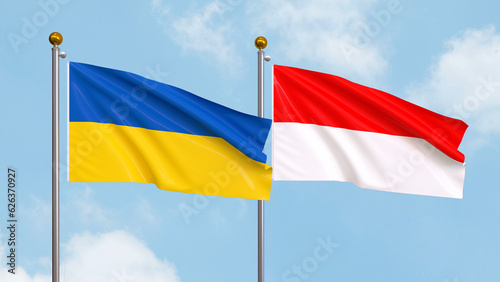 Waving flags of Ukraine and Indonesia on sky background. Illustrating International Diplomacy, Friendship and Partnership with Soaring Flags against the Sky. 3D illustration.