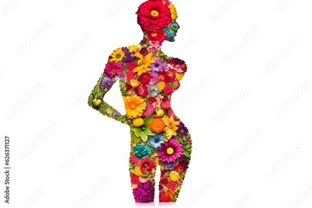 Fototapeta premium Woman body made of flowers on light studio background. Isolated natural character design concept