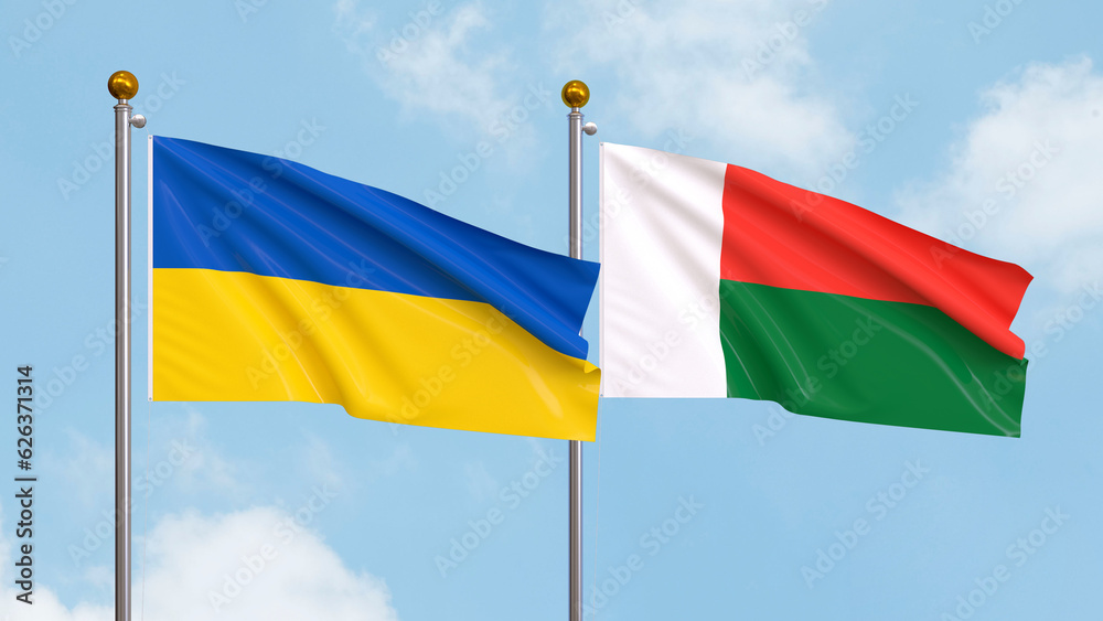 Waving flags of Ukraine and Madagascar on sky background. Illustrating International Diplomacy, Friendship and Partnership with Soaring Flags against the Sky. 3D illustration. Waving flags of Ukraine and Madagascar on sky background. Illustrating International Diplomacy, Friendship and Partnership with Soaring Flags against the Sky. 3D illustration.