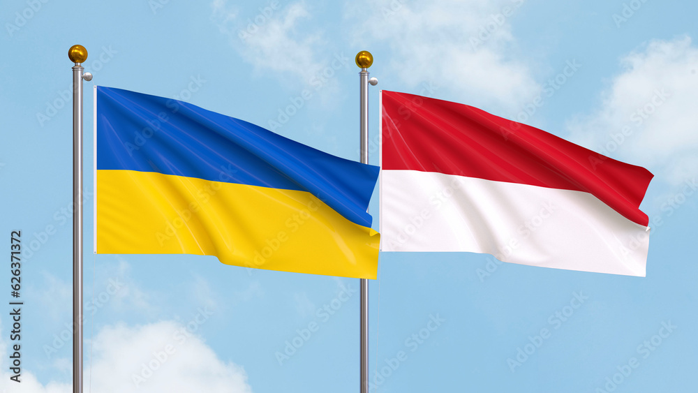 Waving flags of Ukraine and Monaco on sky background. Illustrating International Diplomacy, Friendship and Partnership with Soaring Flags against the Sky. 3D illustration. Waving flags of Ukraine and Monaco on sky background. Illustrating International Diplomacy, Friendship and Partnership with Soaring Flags against the Sky. 3D illustration.