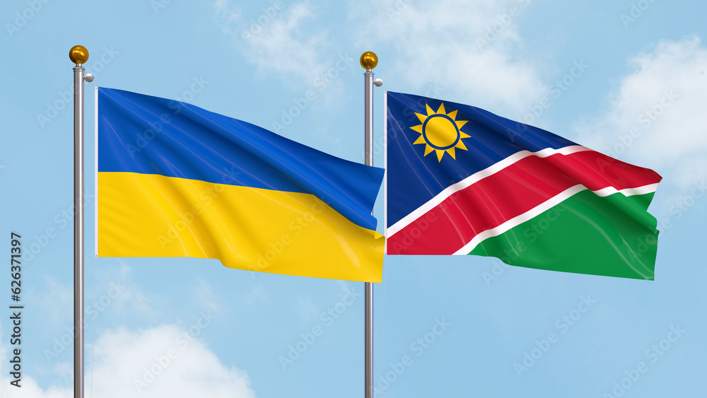 Waving flags of Ukraine and Namibia on sky background. Illustrating International Diplomacy, Friendship and Partnership with Soaring Flags against the Sky. 3D illustration. Waving flags of Ukraine and Namibia on sky background. Illustrating International Diplomacy, Friendship and Partnership with Soaring Flags against the Sky. 3D illustration.