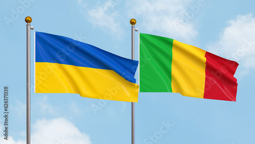 Waving flags of Ukraine and Mali on sky background. Illustrating International Diplomacy, Friendship and Partnership with Soaring Flags against the Sky. 3D illustration.