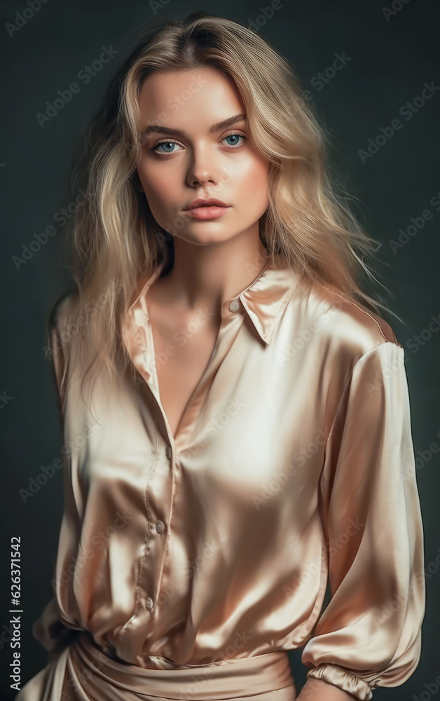 Naklejka premium Beautiful girl. Fashionable and stylish woman inbeige clothes. Fashion look, beauty and style. Natural makeup, easy styling