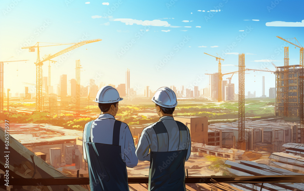 Asian two business man construction engineers supervising progress of construction project at