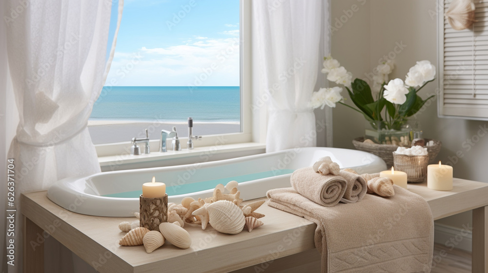 A coastal-themed massage salon with seashell decor and coastal-scented candles, bringing the beachside tranquility indoors Generative AI