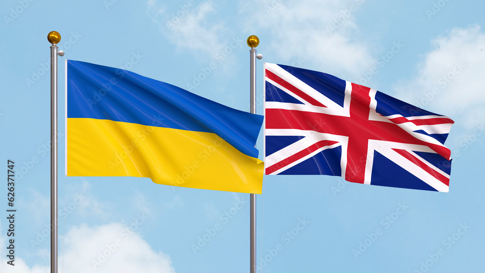 Waving flags of Ukraine and United Kingdom on sky background. Illustrating International Diplomacy, Friendship and Partnership with Soaring Flags against the Sky. 3D illustration. Waving flags of Ukraine and United Kingdom on sky background. Illustrating International Diplomacy, Friendship and Partnership with Soaring Flags against the Sky. 3D illustration.