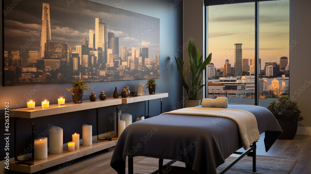An urban oasis massage room with cityscape wall art and urban chic candle decor, providing an escape from the hustle and bustle Generative AI