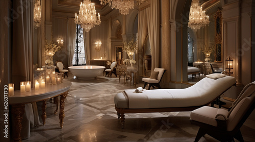 An opulent spa lounge with crystal chandeliers and ornate candle holders, epitomizing indulgence and elegance Generative AI