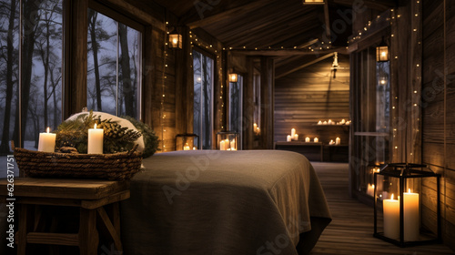A rustic massage cabin with wooden accents and vintage candle lanterns, embracing a cozy and nostalgic charm Generative AI © Наталья Евтехова