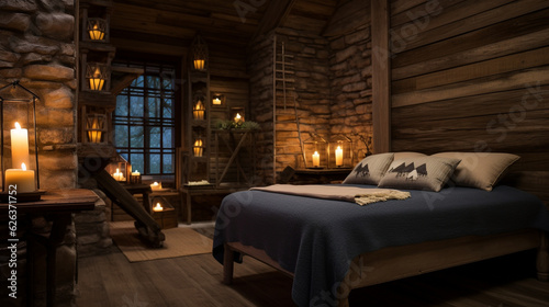 A rustic massage cabin with wooden accents and vintage candle lanterns, embracing a cozy and nostalgic charm Generative AI