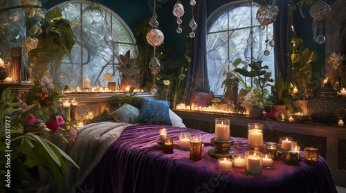 A mystical massage salon with crystal decor and mystical-themed candles, fostering a sense of wonder and enchantment Generative AI