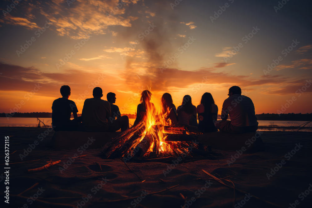 Depicting a cozy beach bonfire gathering in California, with friends and family huddled around the fire, roasting marshmallows, and sharing laughter and stories under a starry night sky