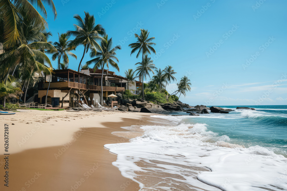 A panoramic view of a tropical rainforest meeting a pristine beach, with lush vegetation, clear blue skies, and gentle waves lapping against the shore, offering an idyllic escape