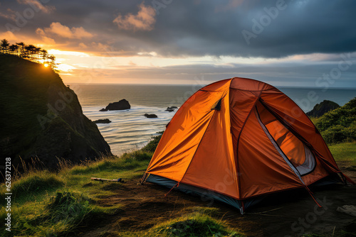 Illustrating the joy of beach camping in California, with tents pitched on the sand, a crackling campfire, and a breathtaking view of the ocean, creating an unforgettable outdoor experience