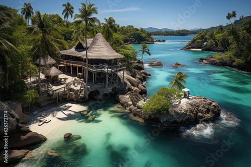 An aerial shot of a tropical island surrounded by clear blue waters, showcasing vibrant coral reefs and lush greenery, inviting viewers to explore an underwater paradise