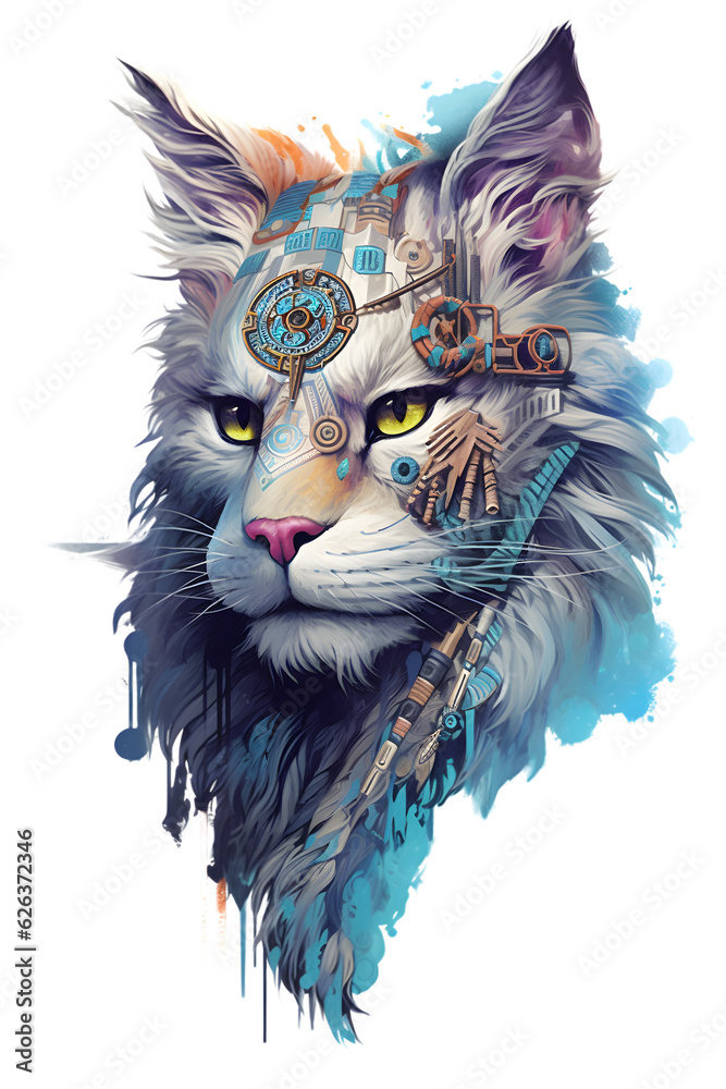 Fototapeta premium Generativ Mystical Maine coon cat with spiritual feather fur and colorful drops, Generative AI