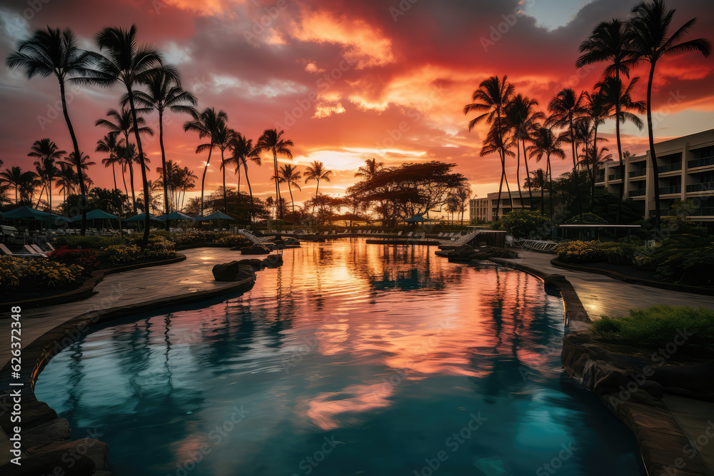 A luxurious infinity pool overlooking the ocean, with palm trees swaying in the breeze and a breathtaking sunset painting the sky with vibrant colors, offering the ultimate indulgence in paradise