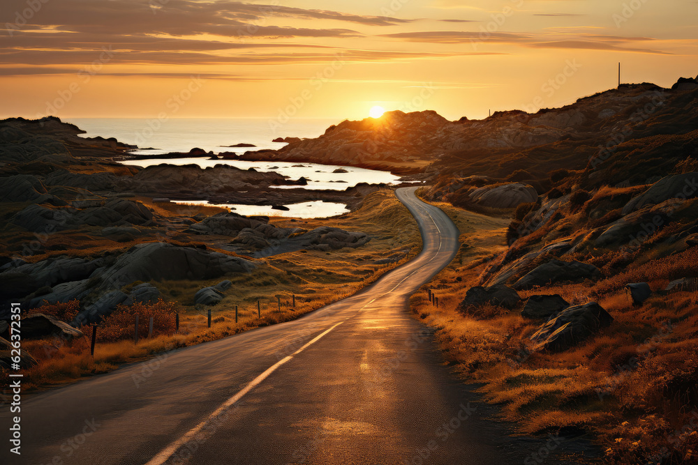 A scenic coastal road winding through dramatic cliffs, with the azure ocean stretching into the horizon, providing an enchanting drive along the picturesque coastline
