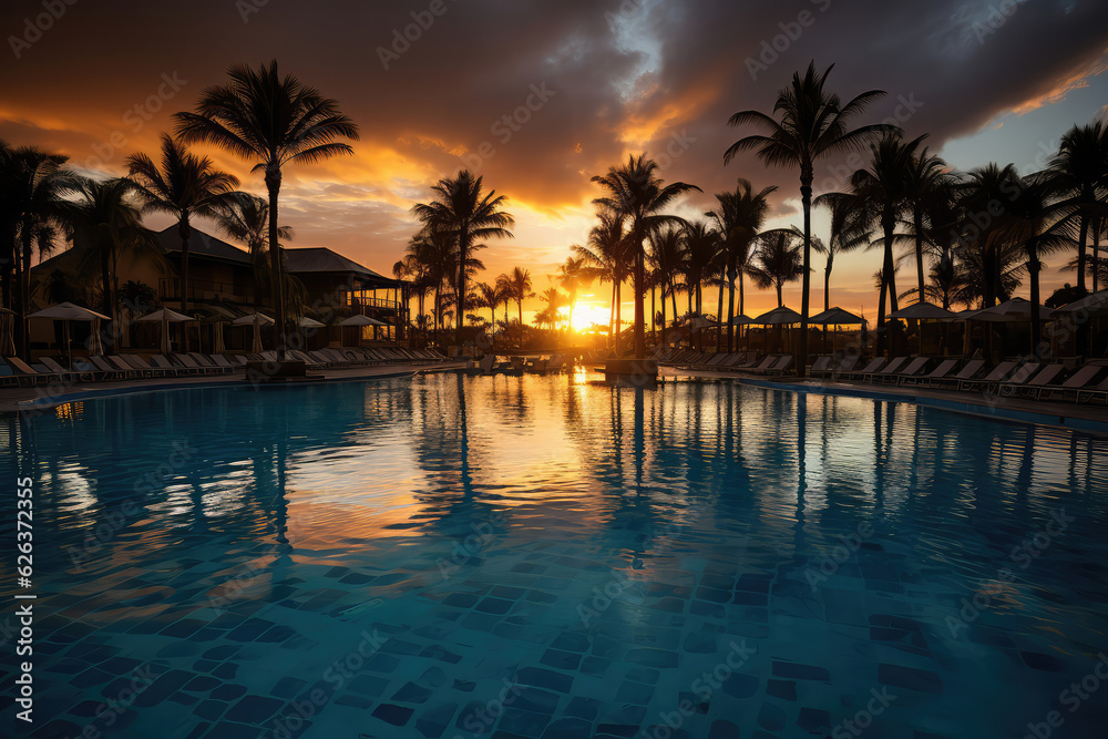 A luxurious infinity pool overlooking the ocean, with palm trees swaying in the breeze and a breathtaking sunset painting the sky with vibrant colors, offering the ultimate indulgence in paradise