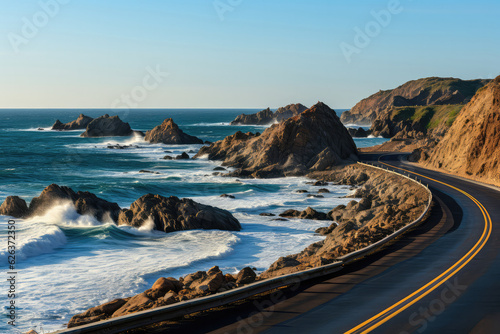 A scenic coastal road winding through dramatic cliffs, with the azure ocean stretching into the horizon, providing an enchanting drive along the picturesque coastline