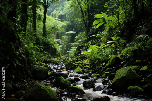 A hidden waterfall nestled in a lush jungle, with moss-covered rocks, ferns, and a sense of tranquility in the air, inviting viewers to discover the beauty of untouched nature