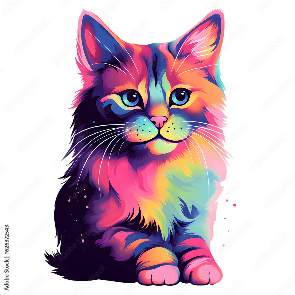 Sweet colorful cat artwork, cute kitten graphic illustration, Generative AI