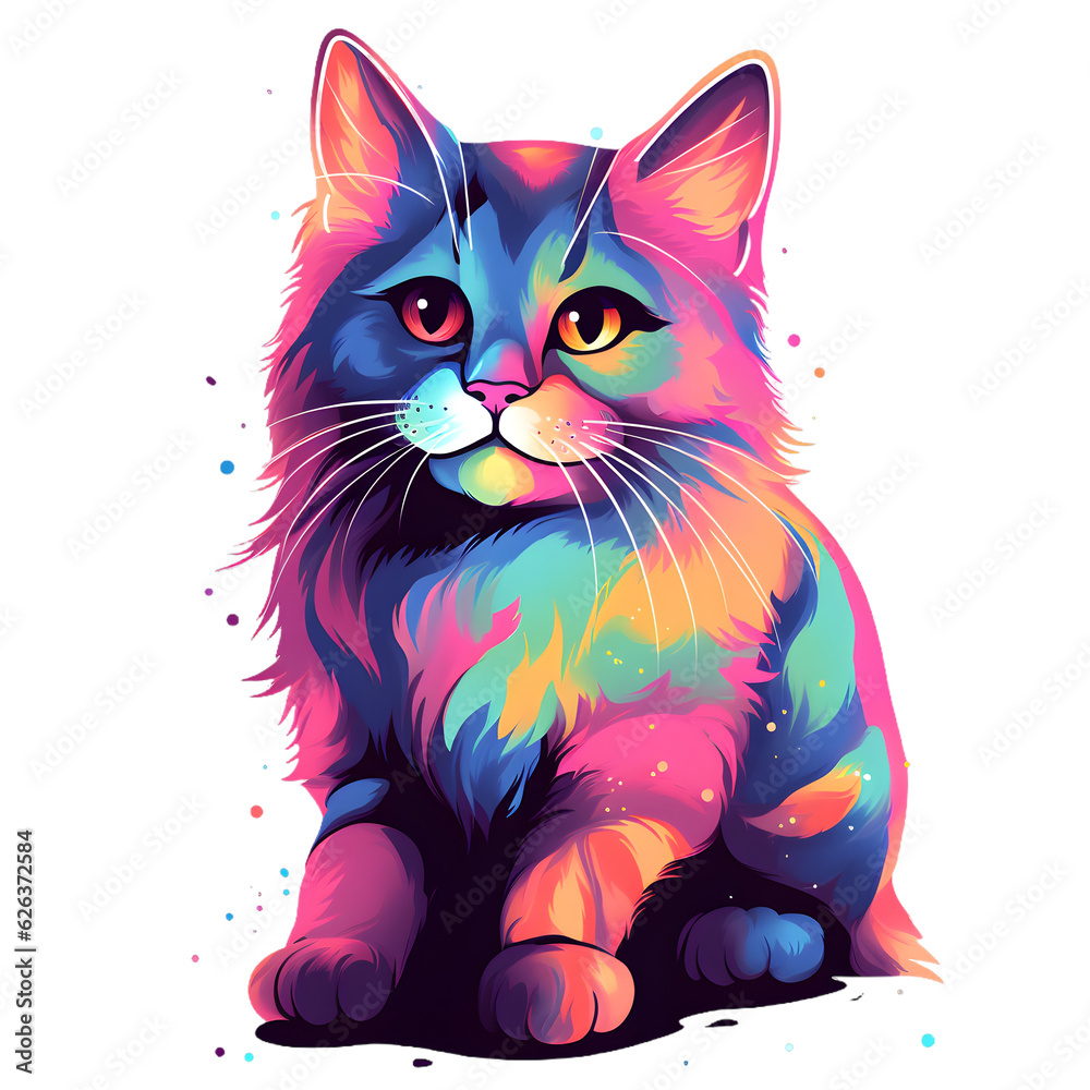 Generativ Mystical Maine coon cat with spiritual feather fur and colorful drops, Generative AI