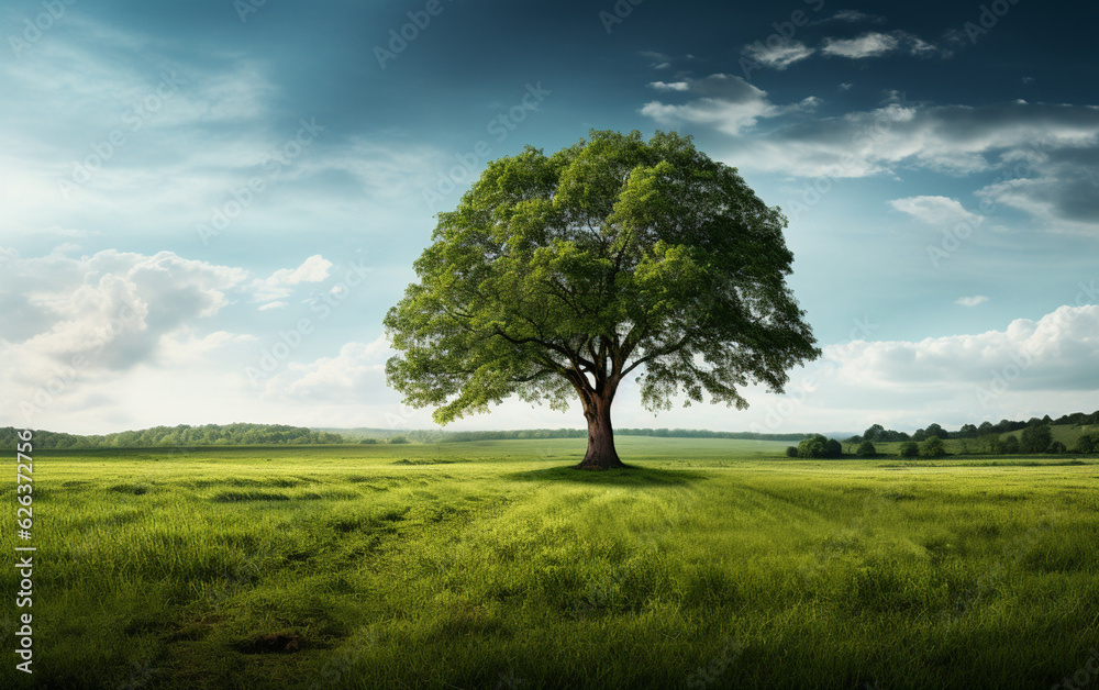 Beautiful tree in the middle of a field covered with grass with the tree line in the background Beautiful tree in the middle of a field covered with grass with the tree line in the background