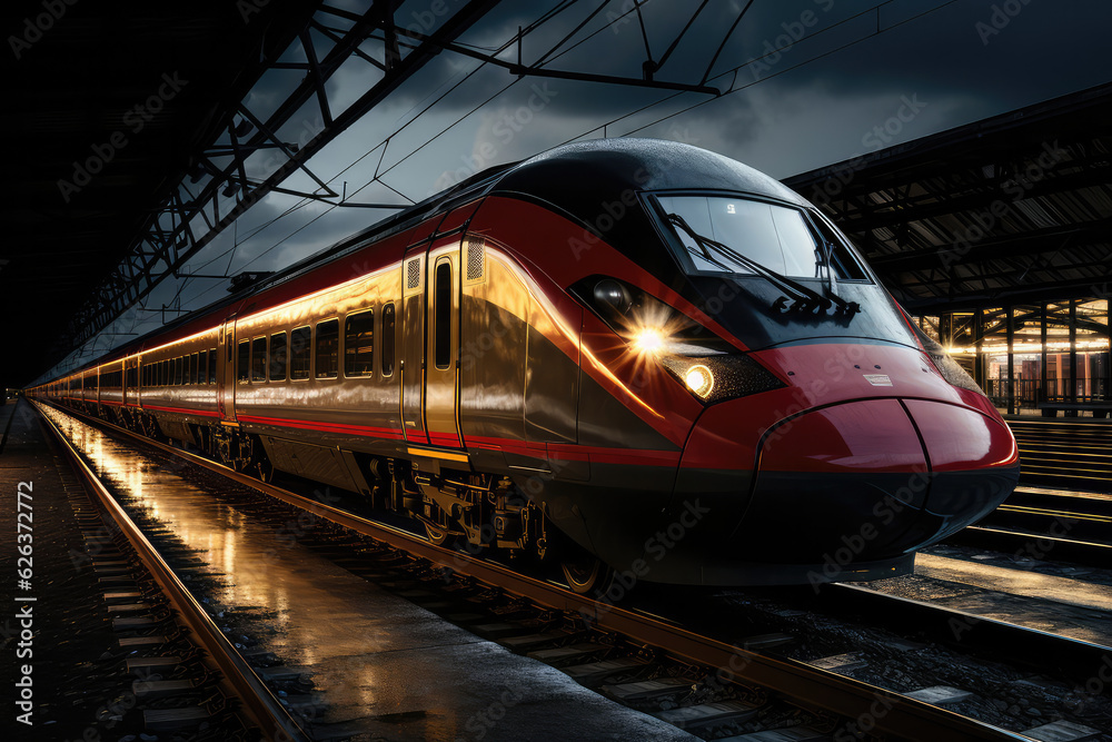 Naklejka premium A high-speed train zooming past on a futuristic railway, showcasing the advancements in transportation engineering and infrastructure