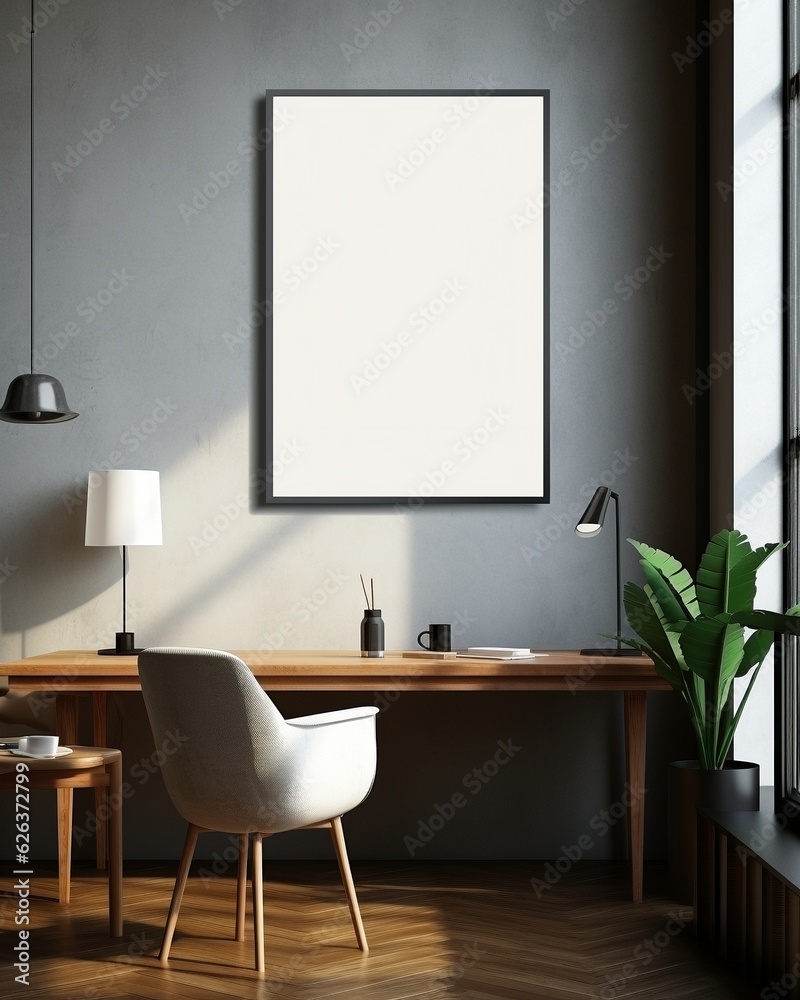 Frame mockup in contemporary office with desk chair, AI-generative