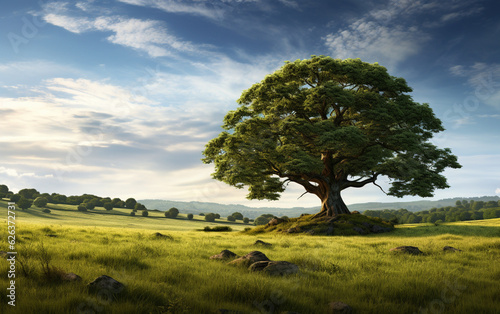 Beautiful tree in the middle of a field covered with grass with the tree line in the background