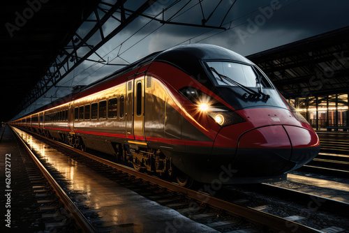A high-speed train zooming past on a futuristic railway, showcasing the advancements in transportation engineering and infrastructure