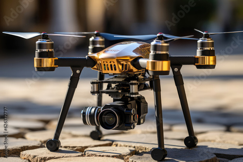 A drone hovering in the sky, capturing aerial footage of a construction site or surveying land, illustrating the application of engineering in remote sensing and aerial imaging