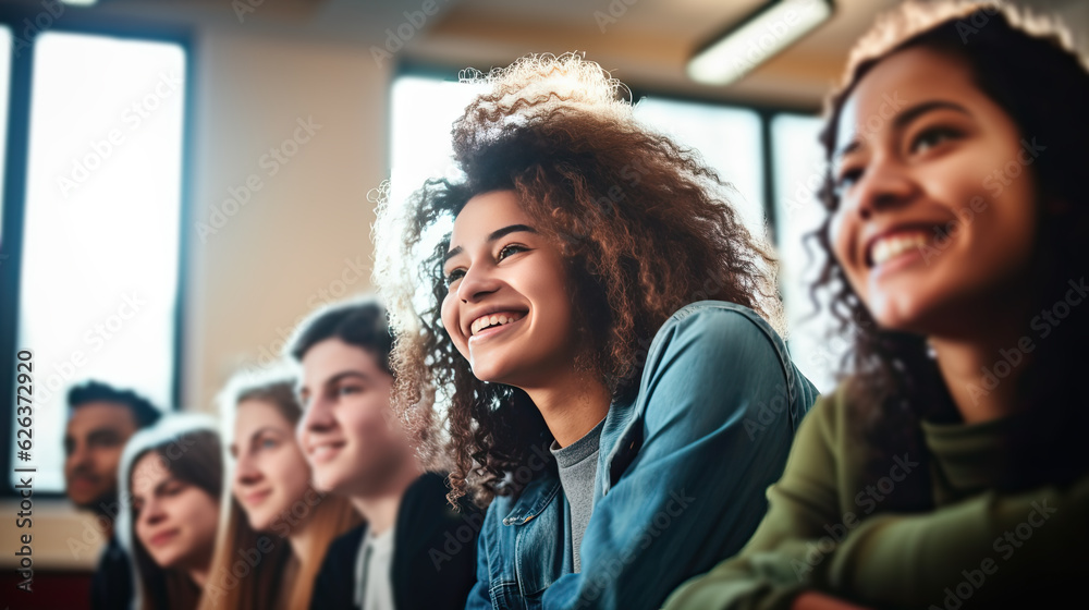 Obraz premium Happy teenage students in the classroom. Generative AI