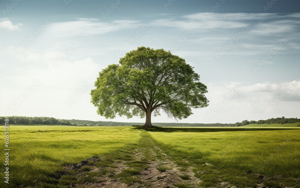 Obraz premium Beautiful tree in the middle of a field covered with grass with the tree line in the background