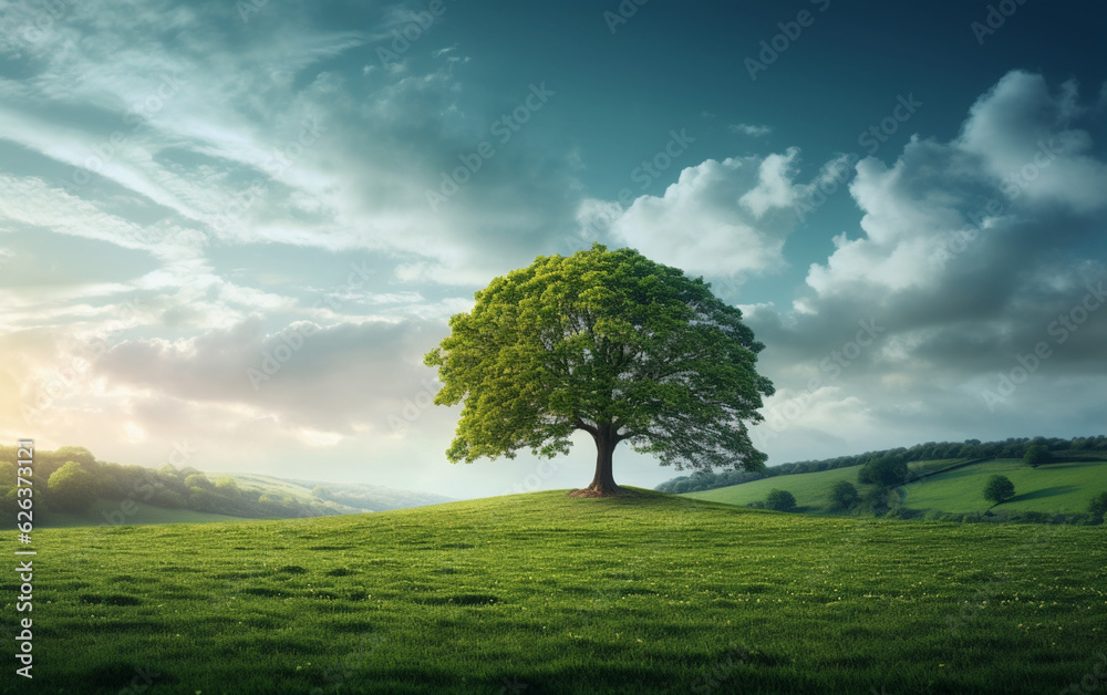 Obraz premium Beautiful tree in the middle of a field covered with grass with the tree line in the background